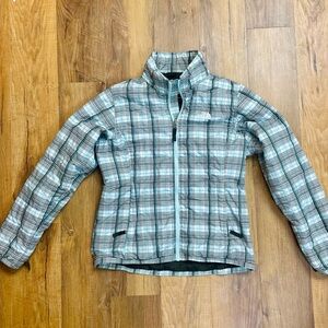 The North Face plaid blue green and black down jacket Medium
